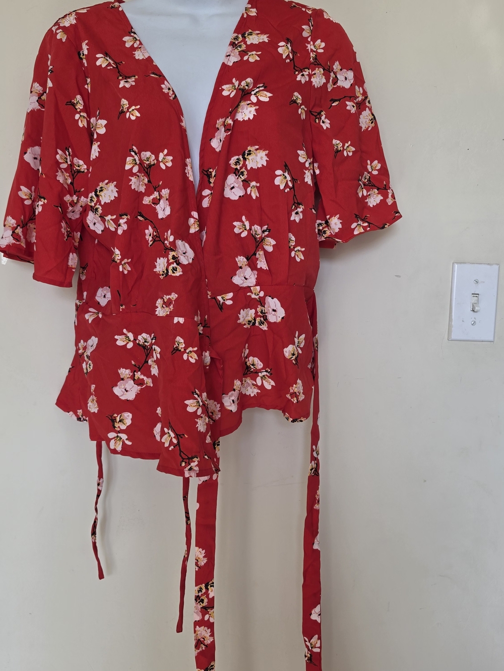 Women's Red Floral Wrap Tunic with Tie Waist
